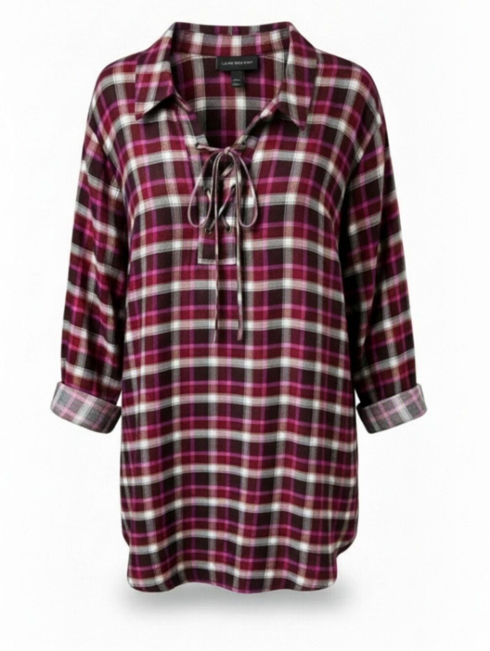 LANE BRYANT Maroon & white Plaid 3X Long sleeve tie front shimmery
